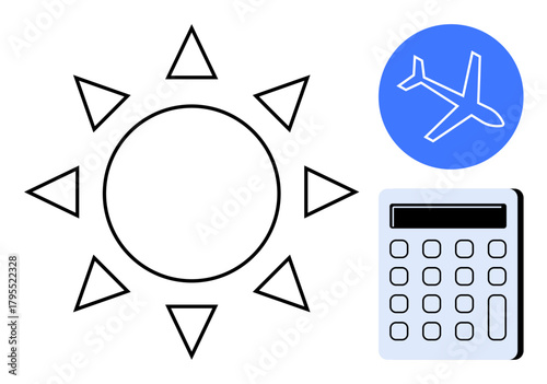 Sun with triangular rays, airplane in blue circle, and calculator representing travel, budgeting, and vacation planning. Ideal for tourism, finances, preparation, decisions savings travel tips