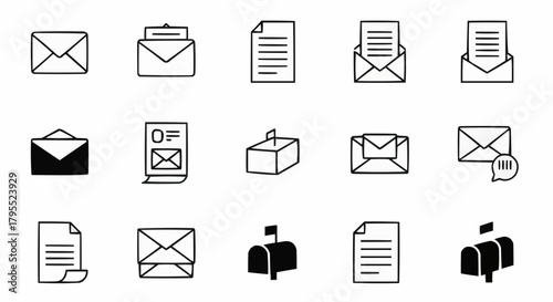 Collection of fifteen black and white line art icons depicting mail and correspondence elements in simple style