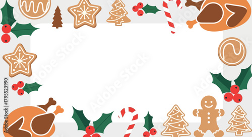 Christmas holiday border with gingerbread cookies, candy canes, holly, and turkey illustrations