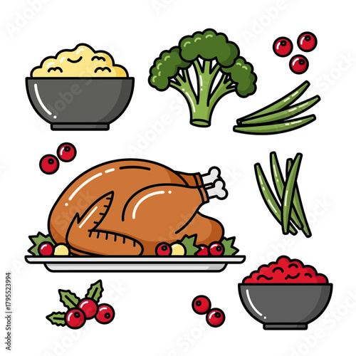 Vector illustration of a roasted turkey dinner with mashed potatoes, broccoli, green beans, and cranberries.