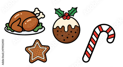 Christmas holiday food and candy icons: roasted turkey, fruitcake pudding, star cookie, and candy cane.