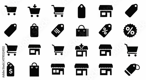 Collection of various shopping icons including carts, tags, bags, stores and discount symbols online shop 100