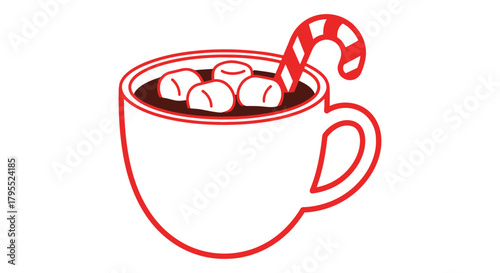 Stylized hot chocolate in a mug with marshmallows and a candy cane, red outline on white background