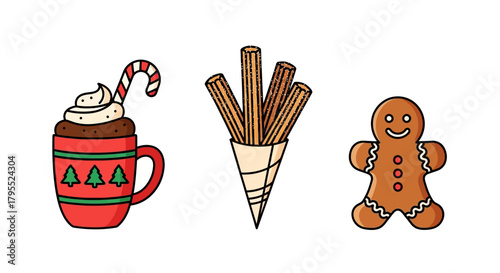 Christmas treats compilation: hot chocolate, churros in cone, gingerbread man illustration isolated.
