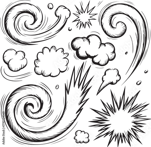 Set of cartoon-style action effects featuring explosive bursts, fast-motion streaks, impact shapes, and smoke puffs. Includes hand-drawn dynamic lines, blast outlines, and energetic motion icons in a 