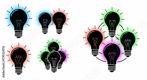 Illustration of multiple light bulbs with different colored glows on a white background design art