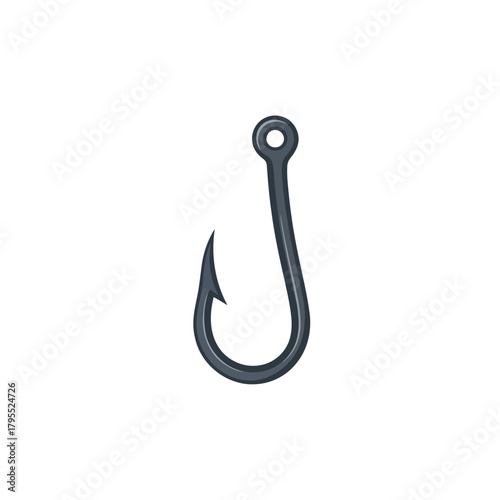 A single, sharp, dark grey fishing hook with a pointed barb and a loop at the top, isolated on a