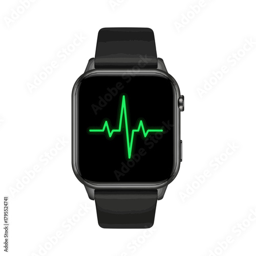 Smartwatch displaying a green electrocardiogram heartbeat line on a black screen