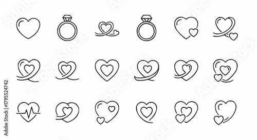Collection of heart and ring icons representing love and commitment in a minimalist line art style