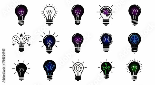 Collection of fifteen light bulb icons with various designs and internal elements displayed neatly on white