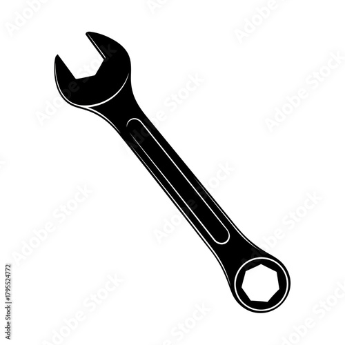 A black silhouette of a combination wrench, a common tool for tightening and loosening nuts and bolts, isolated on a
