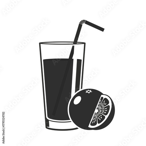 A simple black and white illustration of a glass of juice with a straw and half an orange