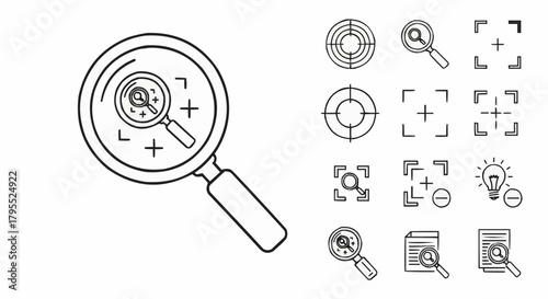 Magnifying glass and targeting icons representing search and focus in a line art style illustration