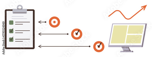 Checklist with completed tasks linked to data insights on a computer screen and upward trend graph. Ideal for productivity, planning, workflow, performance, analytics, goal setting, progress