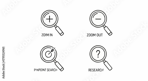 Illustration of zoom in zoom out pinpoint search and research icons with magnifying glasses design