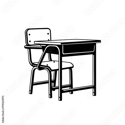 A black and white illustration of a school desk with an attached chair, isolated on a