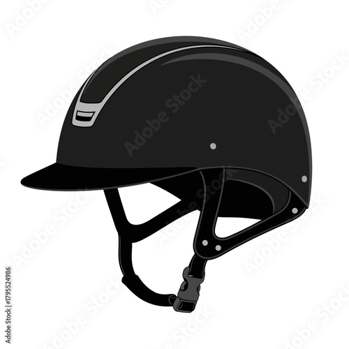A black equestrian riding helmet with a brim and chin strap, isolated on a