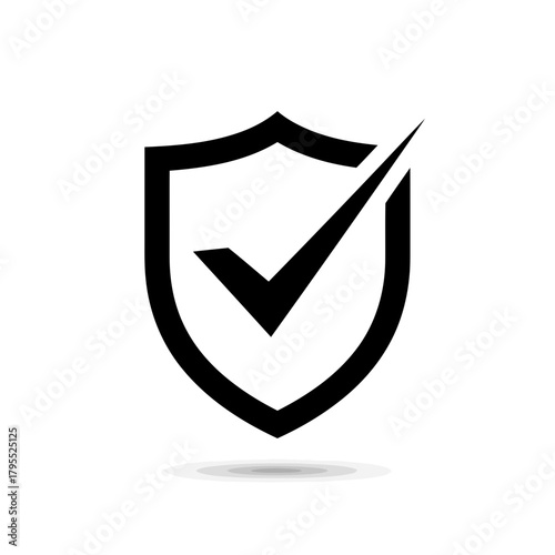Black shield with a check mark symbol inside, representing security and approval