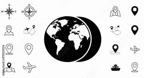 Illustration showcasing travel icons with a globe, compasses, and various transportation symbols neatly arranged