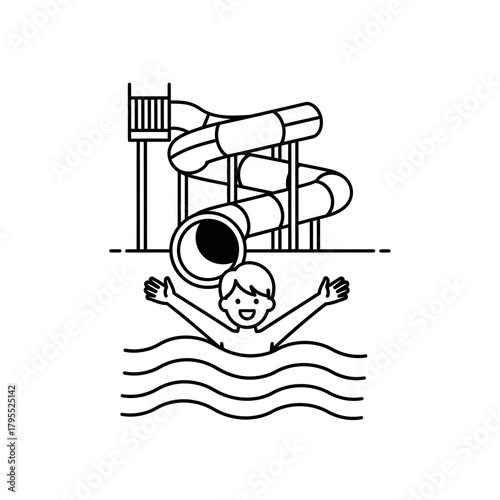 Line art illustration of a person with arms raised in a swimming pool with a water slide in the background