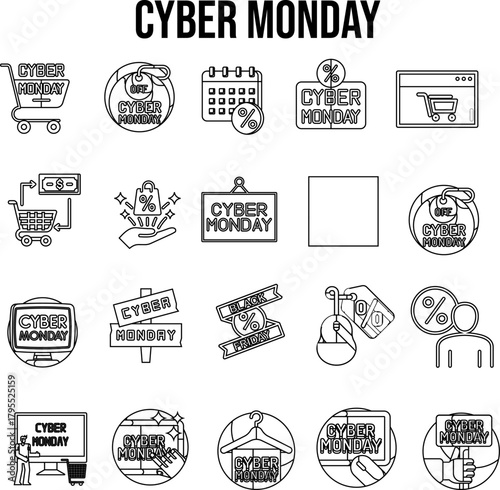 Cyber Monday Shopping Outline Icon Set 