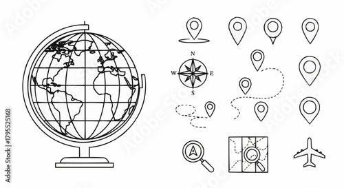 Illustration of a globe, map pins, compass, magnifying glass, map and airplane on a white background