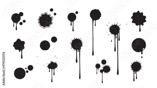 Set of black ink blots and splashes with floral silhouettes illustration pattern design
