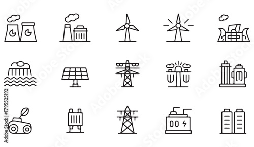 Minimalist line icon set of renewable energy, power stations, and electricity systems