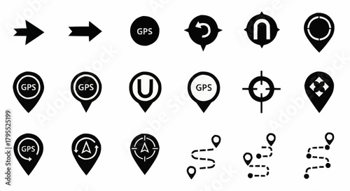 Illustration of navigation icons including arrows gps pins and path symbols in black and white color