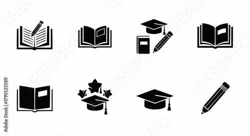 Illustration of books, graduation caps, and pencils arranged in a symmetrical pattern on white background