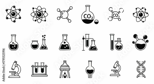 Illustration featuring science equipment such as beakers, atoms, microscopes, and dna strands drawn in black