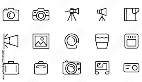 Clean line art icon pack of digital photography tools and studio gear