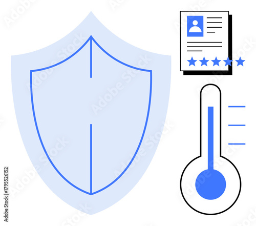 Shield design, user feedback document with rating stars, and temperature thermometer graphic. Ideal for cybersecurity, quality evaluation, data security, risk analysis, privacy protection, safety