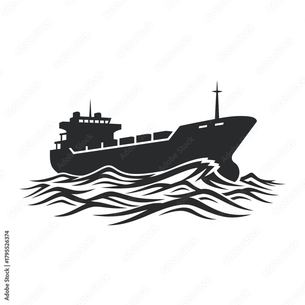 Obraz premium Silhouette of a cargo ship sailing on wavy water, representing maritime transport and logistics