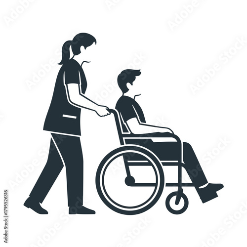 A nurse or caregiver pushing a patient in a wheelchair