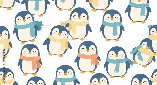 A repeating pattern featuring smiling cartoon penguins wearing colorful scarves, set against a plain white background