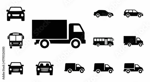 Illustration showing various types of vehicles including cars buses and trucks in a simple black design