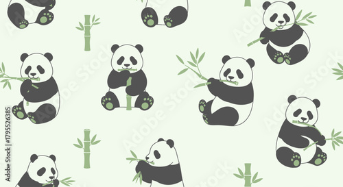 Adorable illustrated pattern featuring numerous cartoon pandas, some eating bamboo, on a soft green background