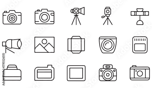 Minimalist photography and camera equipment line icon set for media creation