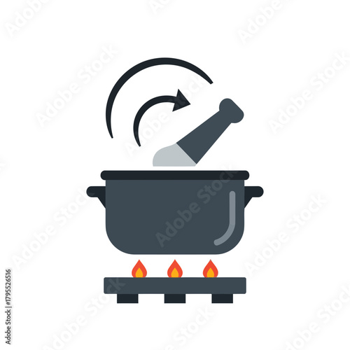 Cooking pot on a gas stove with flames, with a pestle stirring inside