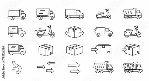 Illustration of various transportation and delivery icons including trucks, scooters and boxes in black outline