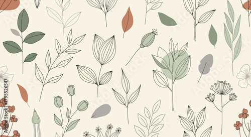 A repeating pattern on a neutral background, featuring delicate line-drawn botanicals and muted color-filled accents