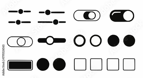 Collection of black and white toggle switches, sliders, circles, and squares in a grid layout