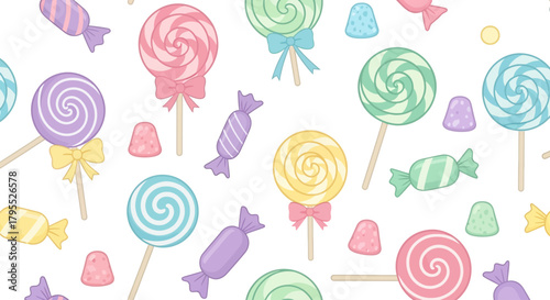 A sweet seamless pattern of colorful lollipops, wrapped candies, and gumdrops against a white background