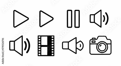 Illustration of media icons including play pause volume film and camera in a simple outline style design