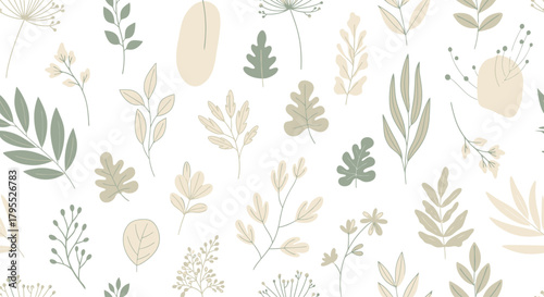 A delicate pattern of stylized botanical elements in soft greens and tans on a white background