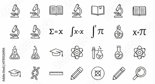 Illustration of science and education icons including microscopes books and mathematical equations shown
