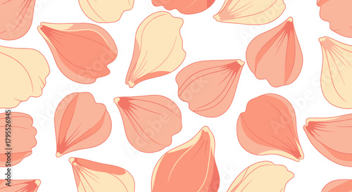 A seamless pattern of stylized, delicate petals in shades of pink and cream, scattered on a white background