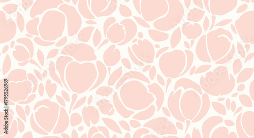 A delicate floral pattern, featuring soft pink and peach blooms with green leaves against a creamy white background