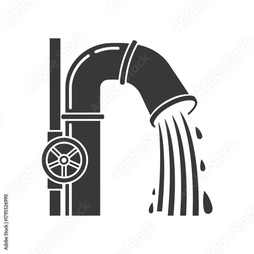 Illustration of water flowing out of a pipe with a valve, symbolizing industrial discharge or liquid transfer